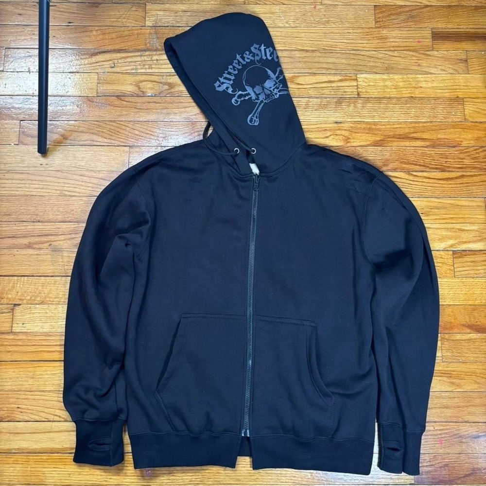 Streets & steel black grunge biker hoodie skull full zip up size Medium gothic
